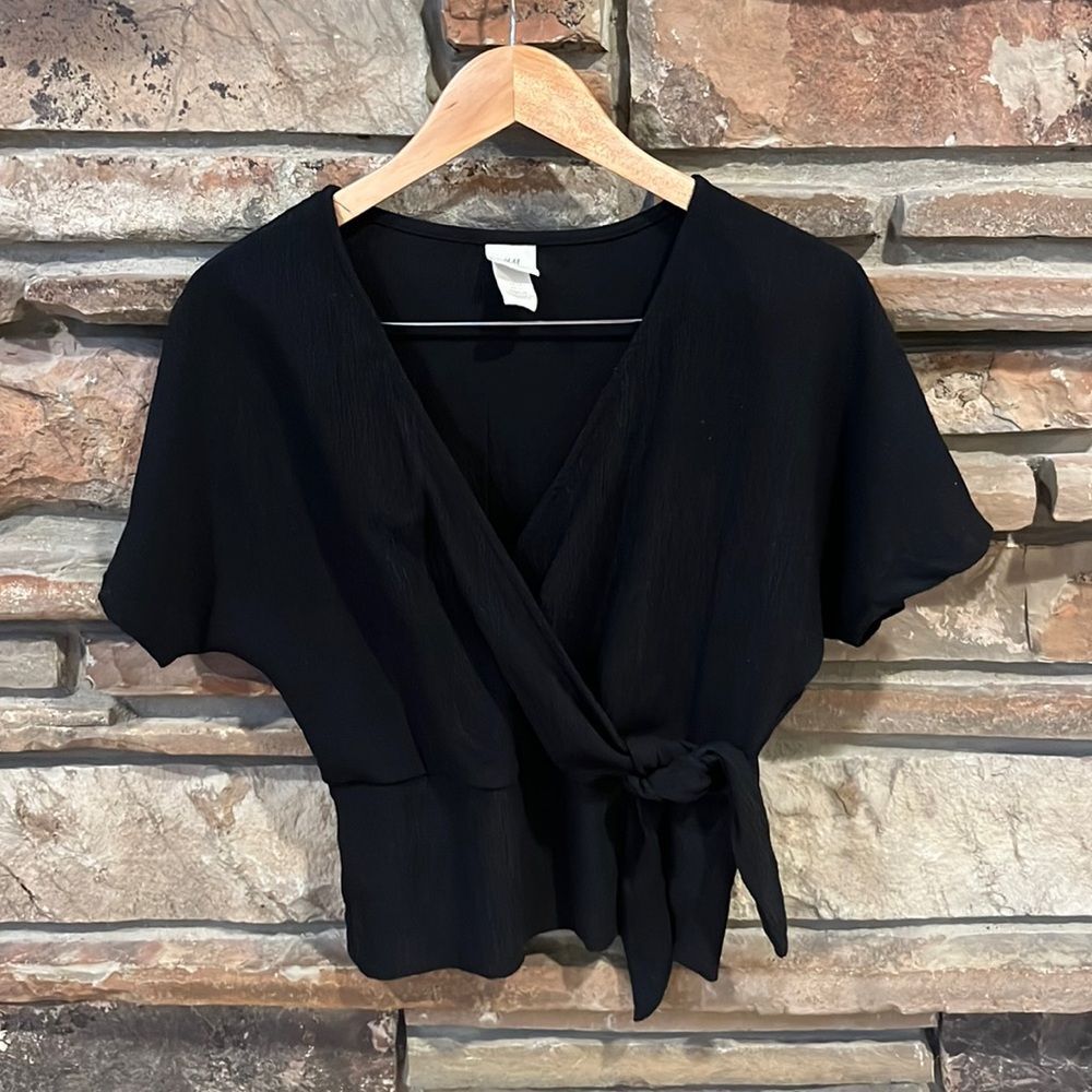 H&M Black Faux Wrap Dolman Sleeve Top Textured Polyester